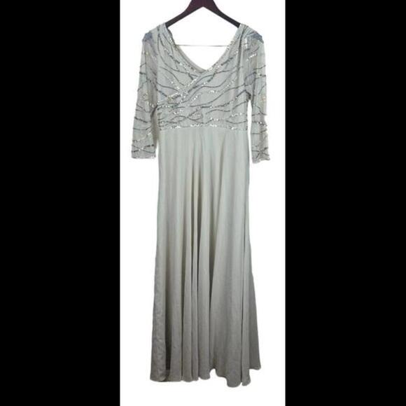 JKARA Womens Beige Chiffon Gown 3/4 Sleeve V Neck‎ Maxi Evening A-Line Dress 6 - Picture 2 of 4